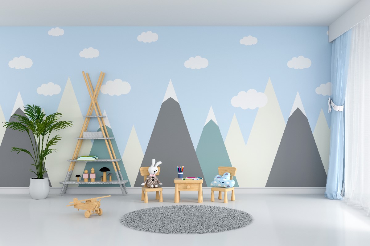 Wallpaper with forest and mountain motif in children’s room